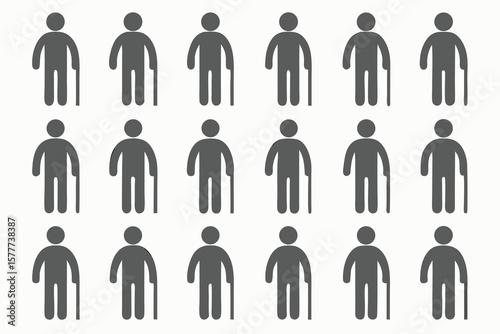 Eighteen Gray Icons of Elderly People with Canes
