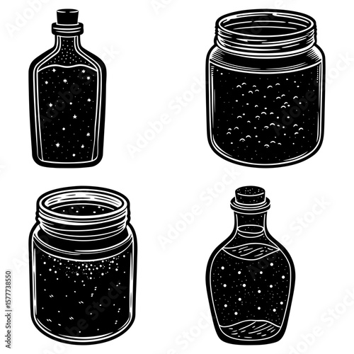 Four vintage style bottles and jars filled with dark liquid and small white dots on a white background
