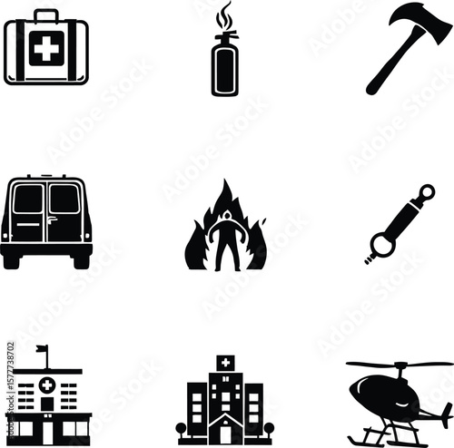 Emergency services icons set vector illustration of fire rescue medical and hospital equipment collection