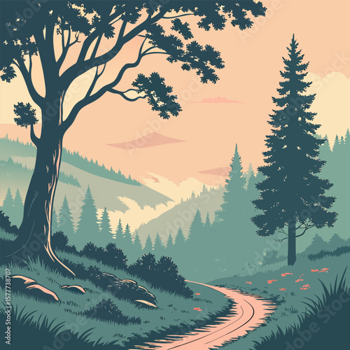 A misty mountain forest at sunrise, photo-realistic landscape soft natural colors full frontal t-shirt layout