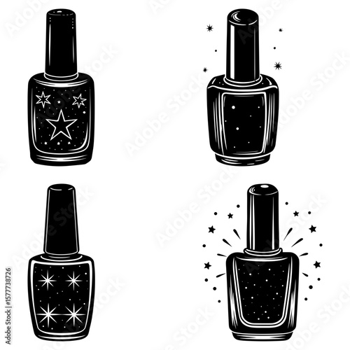 Illustration of four black and white nail polish bottles with star designs on a white background