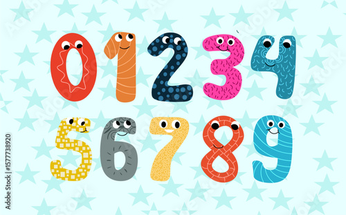 Groovy numbers and math signs cartoon characters set. Funny retro numbers mascots, minus and plus, equal and slash, comma. Cartoon fun mathematics stickers of 70s 80s style vector illustration