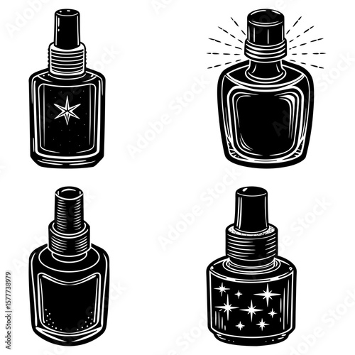 Illustration of four black and white perfume bottles with various designs and shapes on a white background