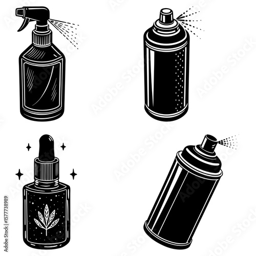 Illustration of spray bottles and an oil dropper with leaf design in black and white style drawing