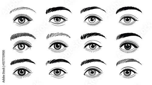 Collection of Twelve HandDrawn Eye and Brow Pairs on White Background Sketches