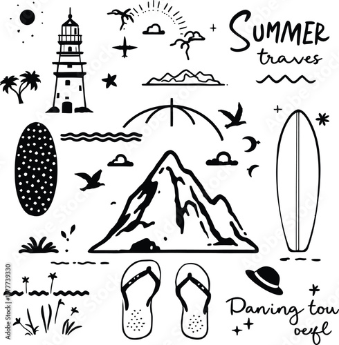 Summer travel vacation beach lighthouse surfboard mountain flipflops sun vector design art graphic
