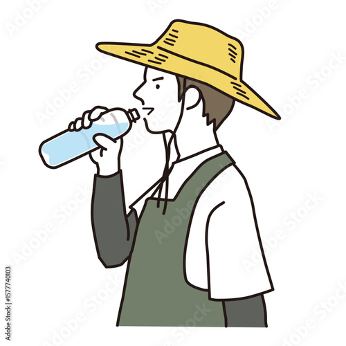 熱中症対策でペットボトルの水を飲む農作業の男性　シンプルなイラスト