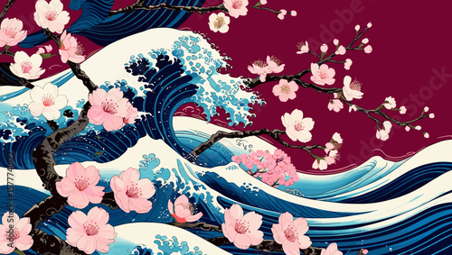 Dynamic wave and cherry blossom illustration in traditional Japanese style on a dark red background