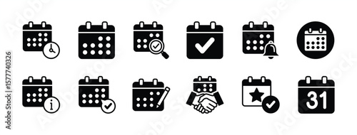 Appointment calendar schedule icon vector set. Contains date, plan, booking management, time reminder, meeting, information, checkmark, reservation, planner, notice, agenda. Illustration