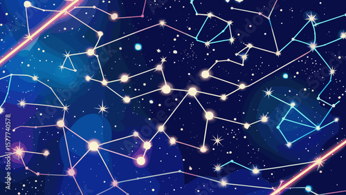 Colorful celestial illustration of constellations and stars on a deep blue night sky background