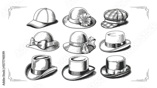 Engraved Hats Collection, Baseball Cap, Cloche, Bowler, Fedora, Top Hat, Porkpie style