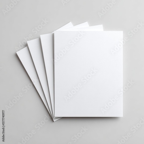 Four blank, white brochures fanned slightly, lie on a light gray background; top-down view