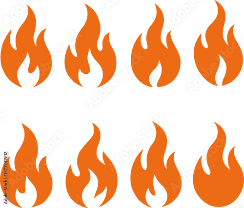Collection of stylized orange flame icons on a white background