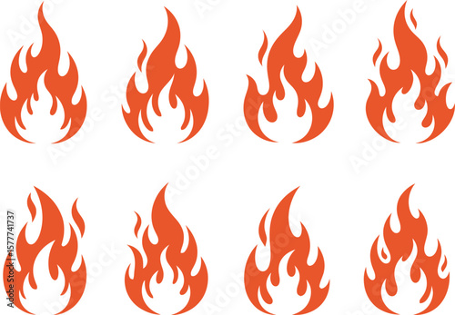 Collection of stylized orange flame icons on a white background