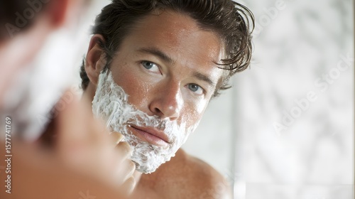 A man shaving in the mirror, white background