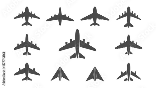 Gray Airplane Silhouette Set with Varying Designs on a White Background