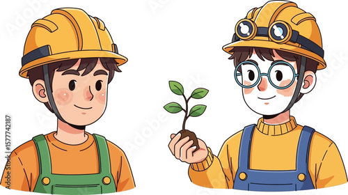 Two cartoon workers with helmets and overalls holding a small plant
