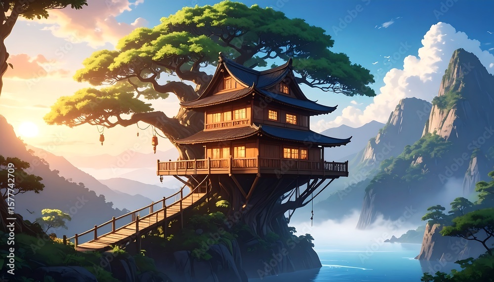 Fototapeta premium Wooden Asian-style treehouse