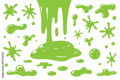Green Cartoon Slime and Goo Blob Splashes Featuring Sticky Dripping Mucus and Messy Borders Ideal for Halloween Banners, Scary Graphics, Digital Stickers, and Vector Designs

