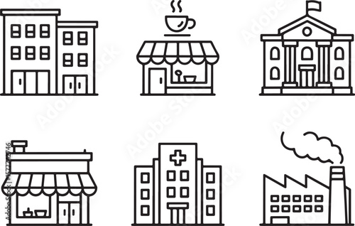 Diverse Community Landscape Featuring Essential Buildings A Line Art Depiction of City Infrastructure, Including Apartments, Coffee Shop, Bank, Store, Hospital, and Factory Illustrations
