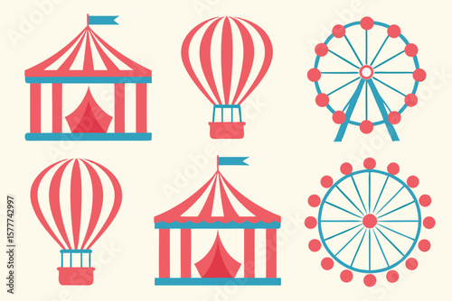 Funfair and Carnival Icons Set Hot Air Balloons Ferris Wheels and Circus Tents