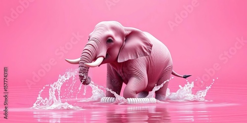 Playful pink elephant sprays water; pink background, artistic, pink elephant
