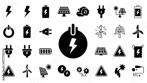 Electricity and Energy Glyph Icon Set – Battery, Plug, Lightning Bolt, Solar Panel, Wind Turbine, Power, Safety Vector

