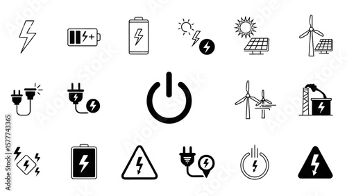 Electricity and Energy Glyph Icon Set – Battery, Plug, Lightning Bolt, Solar Panel, Wind Turbine, Power, Safety Vector

