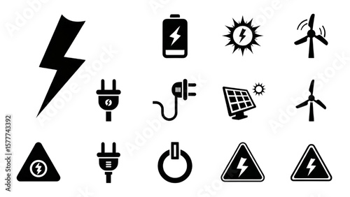 Electricity and Energy Glyph Icon Set – Battery, Plug, Lightning Bolt, Solar Panel, Wind Turbine, Power, Safety Vector

