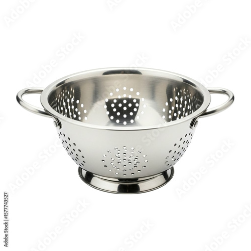 Shiny metal colander with handles isolated on transparent background