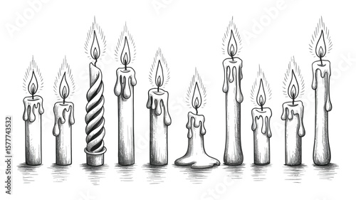 Handdrawn Burning Candles Line Art with Flames, Wax Drips, and Shadows on White
