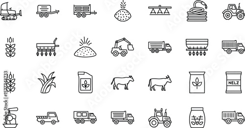 Vehicle agricultural forestry transport line icon set. Vector pictograms of skidder, trailer, irrigation, hose, seed, drill, grain, silage, fertilizer, livestock, thin 