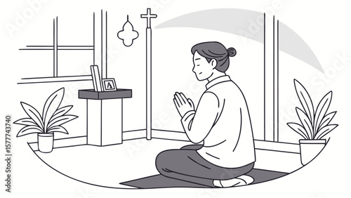 Person praying in a room with a cross and plants isolated on white background