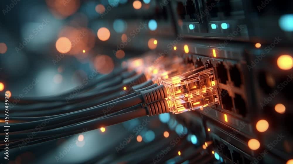 Network switch with plugged cables, transmitting data with high speed and glowing bokeh lights