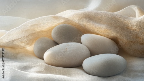 Tranquil Composition of Smooth Pebbles on Soft Draped Fabric