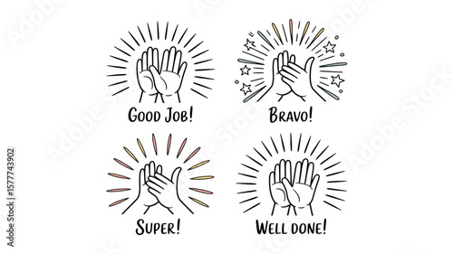 High Five Hand Drawn Icon Set with Handwritten Text on Transparent Background