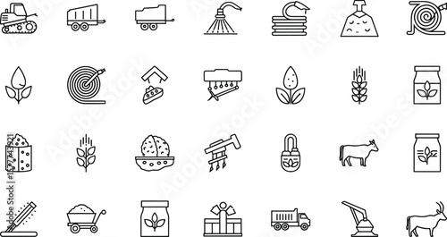 Vehicle agricultural forestry transport line icon set. Vector pictograms of skidder, trailer, irrigation, hose, seed, drill, grain, silage, fertilizer, livestock, thin 