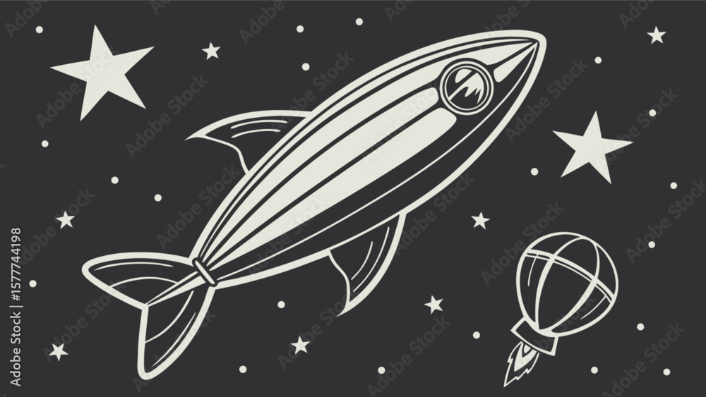 Naklejka premium Explore the cosmos with this vintage rocket ship in outer space with stars and planets vector design art