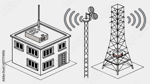 Telecommunication network infrastructure with cell tower building and radio antenna broadcasting system