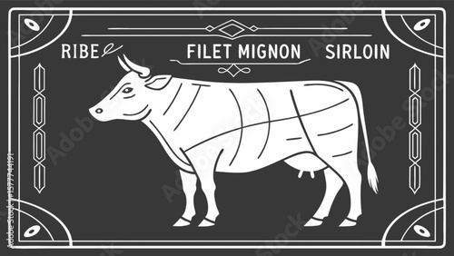 Butcher shop cuts of beef chart diagram featuring ribeye filet mignon and sirloin for cooking guide design