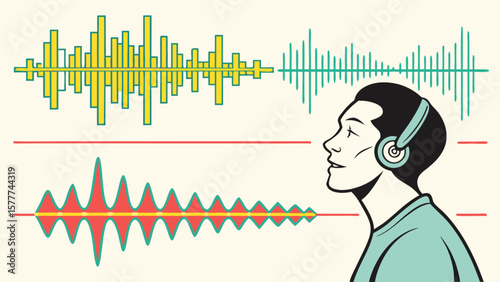 Audio waveform visualization with person listening on headphones for sound design and music production