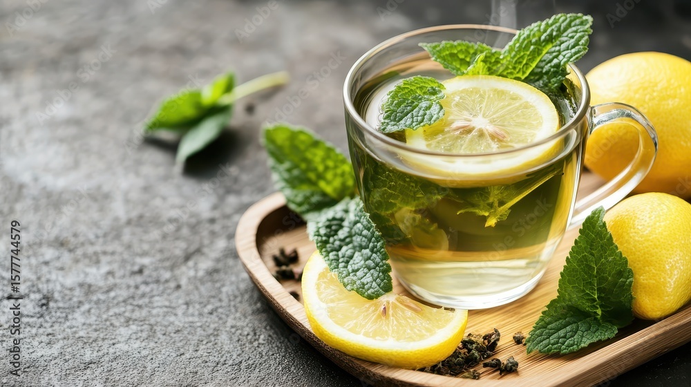 Fresh Mint Tea with Lemon Slices and Green Leaves on a Wooden Tray Fresh Mint Tea with Lemon Slices and Green Leaves on a Wooden Tray