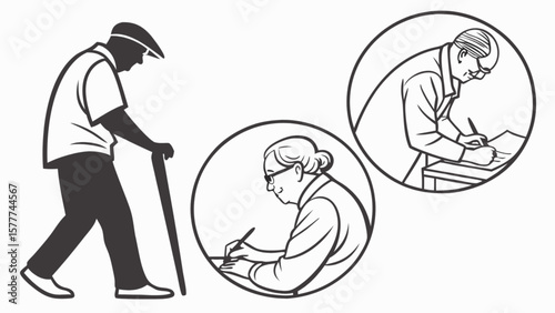 Senior citizens activities and healthcare concept featuring elderly people walking and writing documents