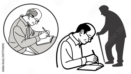 Illustration of senior man writing notes with pen, elderly care and silhouette of old man with cane