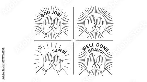 Line Art High Five Hand Gestures Set with Rays and Positive Phrases on White
