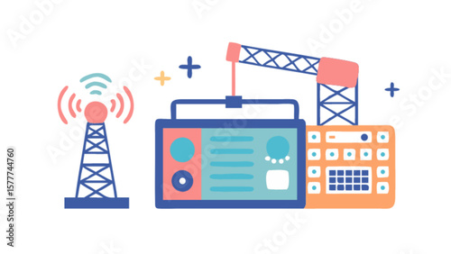 Explore radio communication equipment and broadcast tower for wireless technology and engineering projects