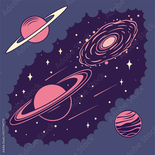 Panoramic galaxy with stars nebula clouds and planets deep purples and blues full cosmic scene as all-over shirt design