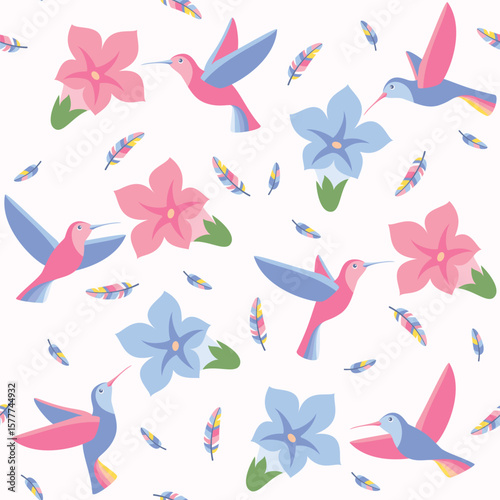 Seamless pattern. Exotic tropical flowers and colourful hummingbirds. Textile composition, hand drawn style print. Vector illustration.