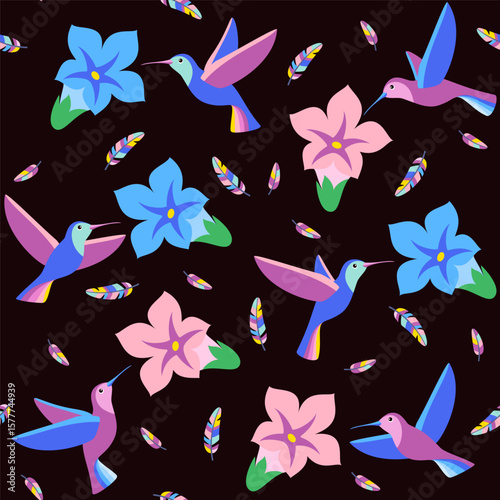 Seamless pattern. Exotic tropical flowers and colourful hummingbirds. Textile composition, hand drawn style print. Vector illustration.