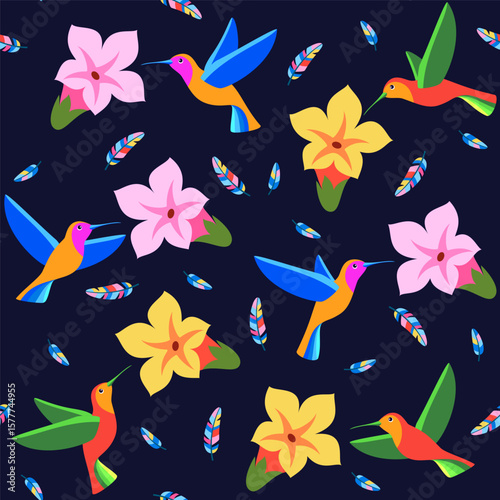 Seamless pattern. Exotic tropical flowers and colourful hummingbirds. Textile composition, hand drawn style print. Vector illustration.